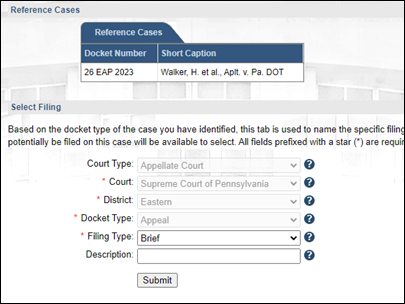 The Select Filing screen in the Case Filing wizard.